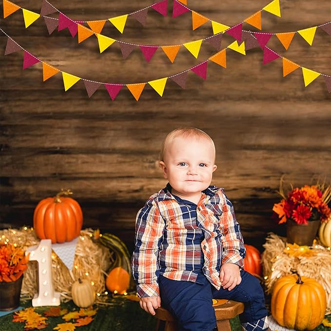 Fall Party Decoration Orange Yellow Brown Burgundy Felt Hanging Triangle Mini Bunting Pennant Banner Flag for Autumn Thanksgiving Harvest Birthday Wedding Baby Shower Party Classroom Nursery Decor