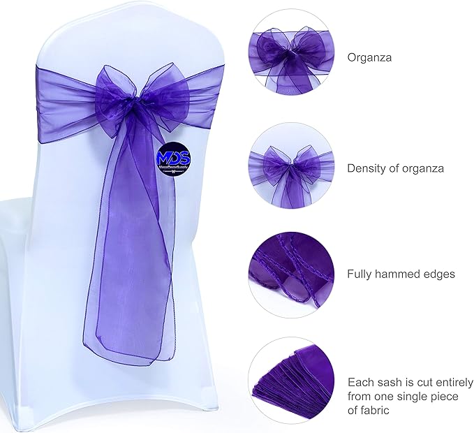 MDS Pack of 75 PCS Organza Chair Sashes Wider Dining Chair Bows Ribbon Tie Back for Wedding Party Birthday Bridal Shower Reception Event Banquet Home Chair Cover Decoration - Purple