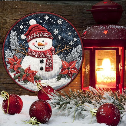 Round Christmas Snowman Decor Metal Tin Sign for Door Hanging Sign for Home Bars Clubs Cafes 12 * 12 in
