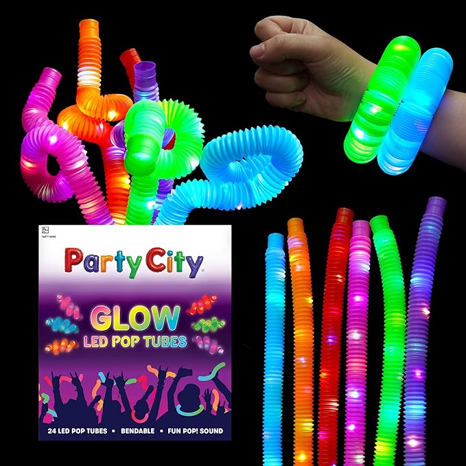 Party City 24pk LED Light Up Pop Tubes 25”- 3 Mode Stretchy Tubes LED Light Up Toys Bulk Glow Sticks Party Favors for Kids Necklaces Bracelets Neon Glow in the Dark Supplies Fidget Sensory Tube Pack