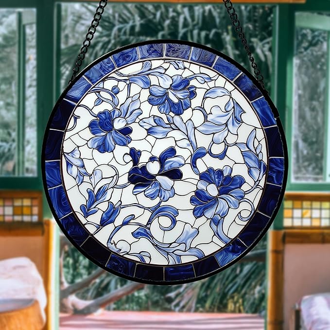 Stained Glass Window Hanging, Blue and White Abstract Flowers Sun Catcher for Door Home Decor Suncatcher Christmas Mother's Day Birthday Gifts for Women Men Mom and Nana 9.8 in