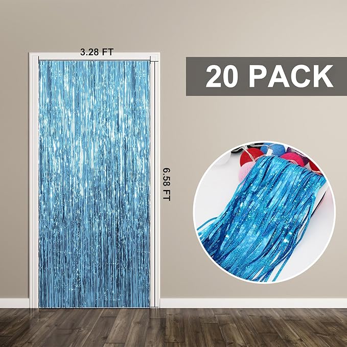 20 Pack Foil Curtain Backdrop Blue Metallic Tinsel Foil Fringe Curtains Photo Booth Props for Birthday Wedding Engagement Baby Shower Bachelorette Christmas Holiday Celebration Party Decorations
