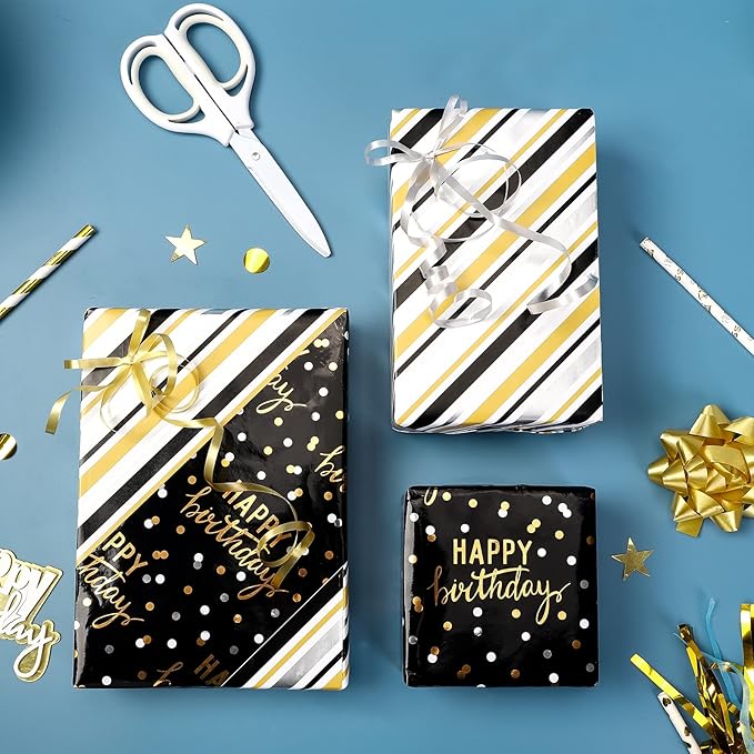 LeZakaa Reversible Black Birthday Wrapping Paper Roll for Boys Men, Happy Birthday Lettering & Stripe Pattern with Metallic Gold Foil in Black, Mini Roll, 17 inches x 32.8 Feet (46.45 sq.ft.)