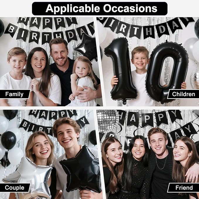 32nd Birthday Decorations for Men Women, Black Silver Happy Birthday Party Decorations， 32 Year Old Party Supplies with Number 32 Balloons, Banner, Fringe Curtains Kit