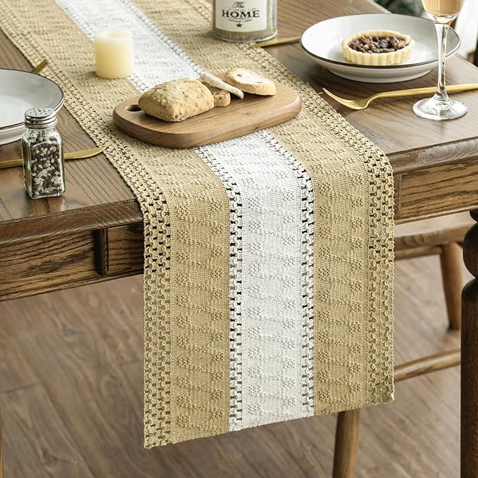 Artoid Mode Burlap Brown Farmhouse Rustic Table Runner, Seasonal Hollow Kitchen Dining Table Decoration for Home Party Decor 12x60 Inch