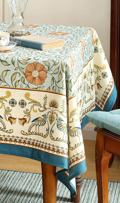 patdrea Designer French Linen Blue Tablecloth for Sqaure Table,Vintage Floral Table Cloth,Colorful Decoration Small Cover Kitchen Dining for Tea Party,Thanksgiving,Christmas,67"x67"-Wensel
