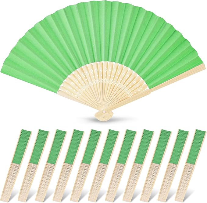 JOHOUSE 12PCS Foldable Hand Fan, 8.3 Inch Green Paper Fans for Woodland Baby Shower Decorations, Wedding, Outdoor Party Favors, Bridal Shower DIY Crafts Photography Prop