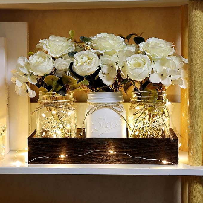 Mason Jar Lights Centerpiece for Table, Mason Jar Centerpiece Table Decor for Dining Room Farmhouse Coffee Table Decor with Wood Tray Fairy Lights Fake Peony Flowers for Kitchen Living - Ivory