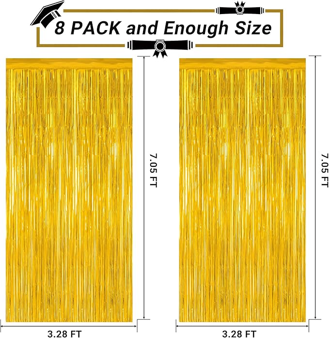8 Pack 2025 Graduation Party Decorations, 3.28 FT x 7.05 FT Gold Backdrop, Metallic Graduation Photo Backdrop Grad Foil Curtains Party Streamer, Class of 2025 Decorations Grad Decor
