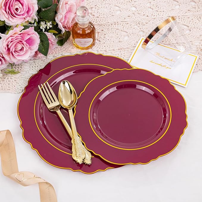 Liacere 350PCS Red Plastic Plates-Disposable Burgundy Red and Gold Plates 50guest Baroque Plastic Dinnerware include 100Plates, 50Pack Pre Rolled Napkins with Silverware 50Cups for Girlfriends' Day