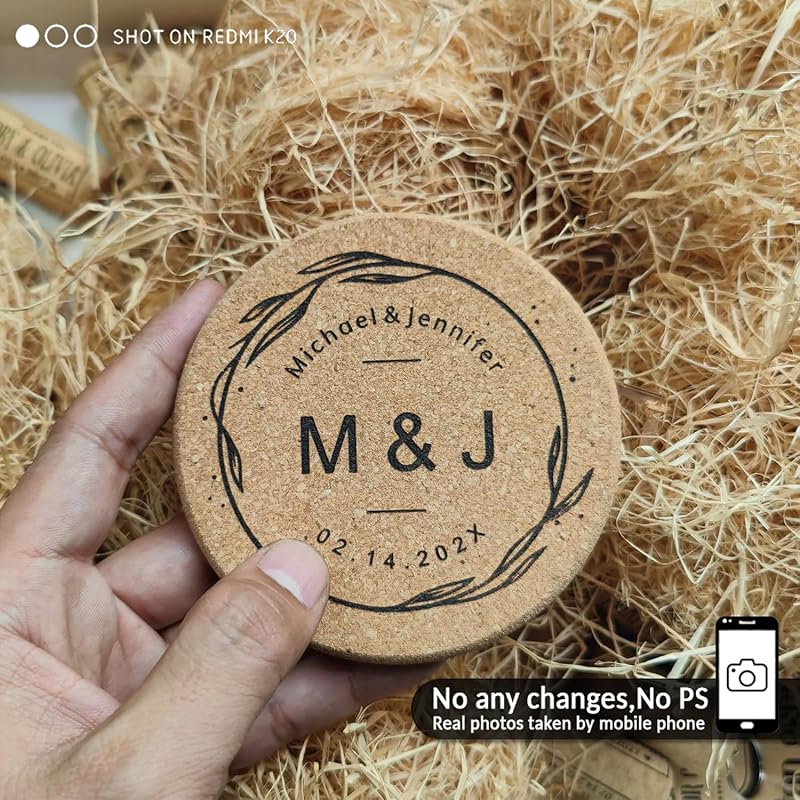 Personalized Cork Coasters - Custom Engraved Wedding Favor,Natural Round Drink Coasters, Bulk Guest Gifts, Bridal Shower,Party,Reception and Anniversary Gift Decor - Set of 25-300pcs
