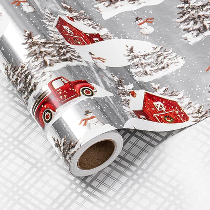 LeZakaa Christmas Silver Wrapping Paper Mini Roll for Boy Kid, Red Truck, Snowy Pine Forest & Grid Plaid, Silver Foil Reversible Design for Winter Holiday Family Gathering, 17 inches x 32.8 Feet