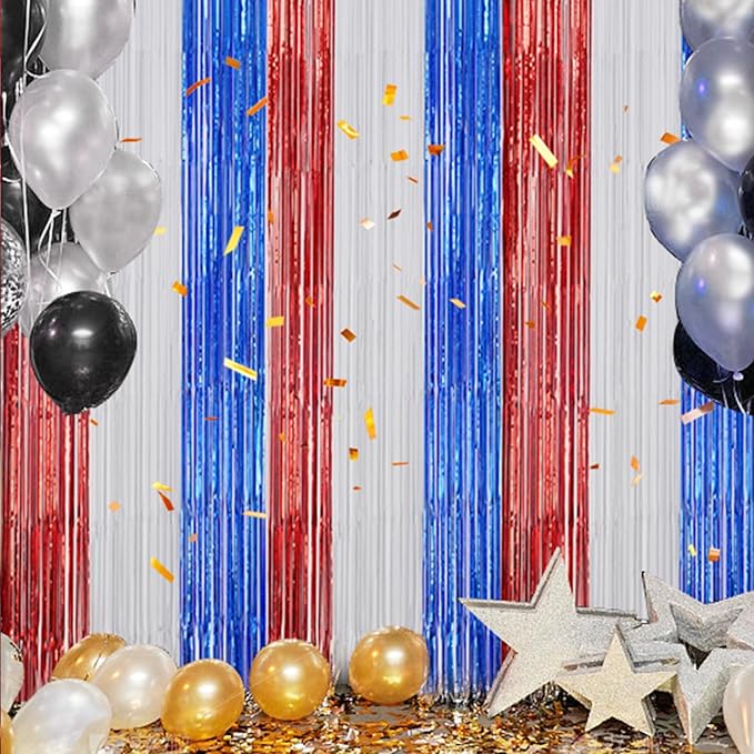 3 Pack Foil Fringe Backdrop - Red&White&Blue Shiny Tinsel Curtains for Party Decoration/Photo Booth Props - 3.3x8.2 FT Metallic Foil Backdrop for Birthday, Wedding, Graduation, Christmas.