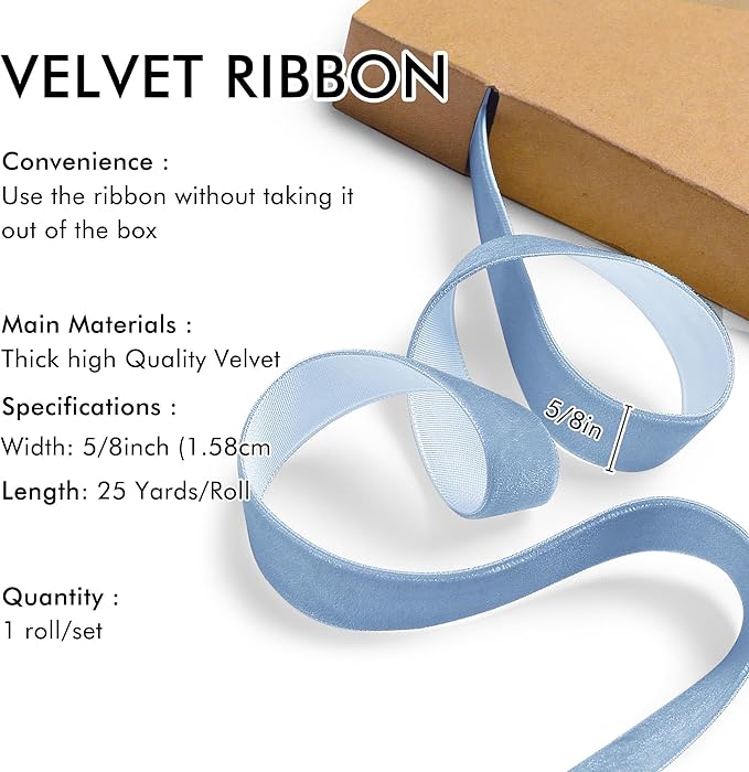 Light Blue Velvet Ribbon 5/8'' 25 Yards for Christmas Tree, Gift Wrapping, Flower Bouquet, Wreath Decorations, Bow Making