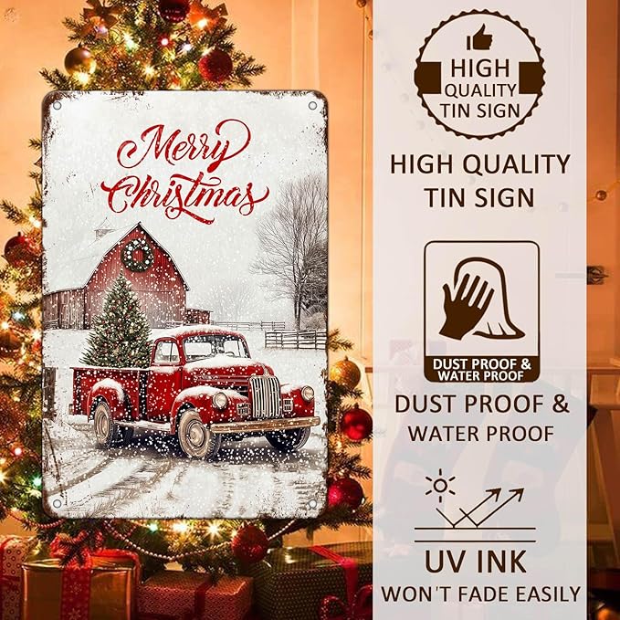 Vintage Christmas Red Truck Tin Sign Merry Christmas Truck Christmas Tree Metal Tin Sign Winter Rustic House Yard Xmas Pickup Holiday Wall Decorations Tin Sign 8x12Inch