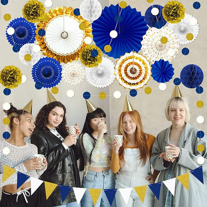 Blue and Gold Party Decorations - 23Pcs Navy Blue White Gold Baby Shower Birthday Decor for Men Boy Kids with Hanging Paper Fans, Pom Poms Flowers, Garland String Polka Dot Packs