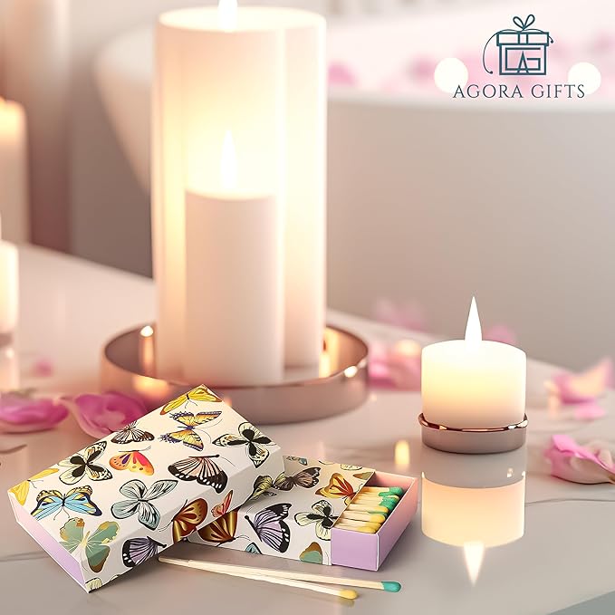Decorative Matches Box -4-Inch Long Matches for Candles with Strike - Wooden Colorful Candle Sticks with Rainbow Tips - 50 Pc Match Sticks - Matchbox Designs of Your Choice (4 Unique Box Designs)
