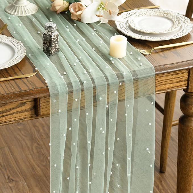 Artoid Mode Pearl Green Gauze Table Runner 120 Inch 10FT, Seasonal Sheer Dining Holiday Wedding Birthday Baby Shower Table Decor for Home Party