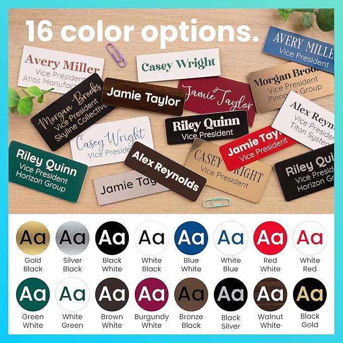 ExcelMark Custom Name Tag - Engraved Name Badge with Pin or Magnetic Backing, 16 Colors, 6 Fonts, and 2 Sizes to Choose from (Gold w/Black Letters, 1"x 3")