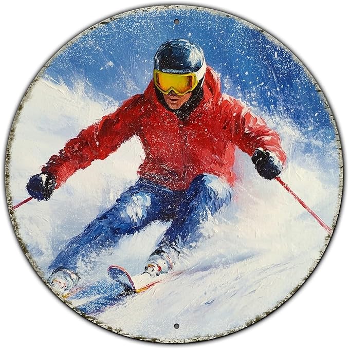 Round Ski Vintage Metal Sign Skiing Sign, Office Sign Home Décor Ski Lodge Décor Cabin Tin Sign 8 * 8 in