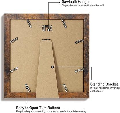 10x10 Picture Frame Set of 4 with Real Glass, Rustic Frames Display 8x8 Picture with Mat or 10 x 10 Without Mat, Wooden Square Photo Frame for Wall Mount and Tabletop Display