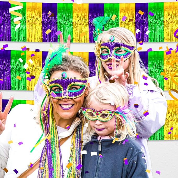 4 Pack 10 Feet Gold Green Purple Foil Fringe Garland Metallic Tinsel Streamers Banner Wall Hanging Curtain Backdrop for Parade Floats, Wedding, Graduate, Mother's Day, Birthday Party Decoration