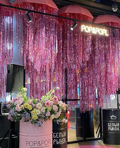 GOER 3.2 ft x 8.2 ft Metallic Tinsel Foil Fringe Curtains Party Photo Backdrop Party Streamers for Birthday,Graduation,New Year Eve Decorations Wedding Decor(5 Packs,Laser Pink)