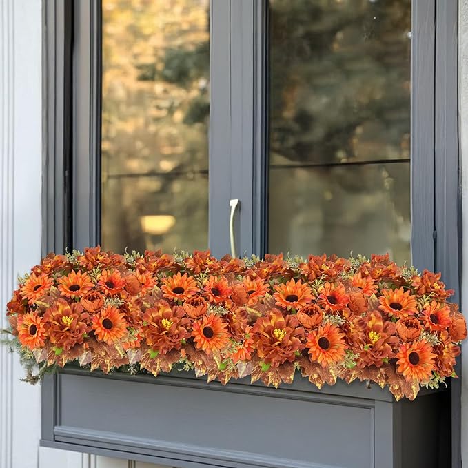 6 Pcs Fall Flowers Artificial for Decoration Silk Burnt Orange Flowers Fall Artificial Sunflowers Bouquet with Fall Leaves Stems 13 Inch Mixed Bush for Outdoor Decoration Cemetery Grave Autumn