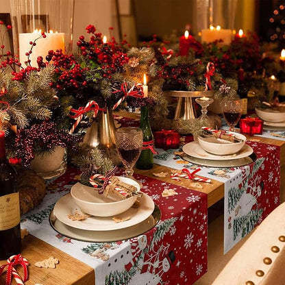 Christmas Snowman Cotton Linen Table Runner for Dining Kitchen, Xmas Tree White Snowflakes Winter Wedding Outdoor Party Tablerunners Decoration, Dresser Scarf Coffee Tablecloth Runners 13x36 Inches