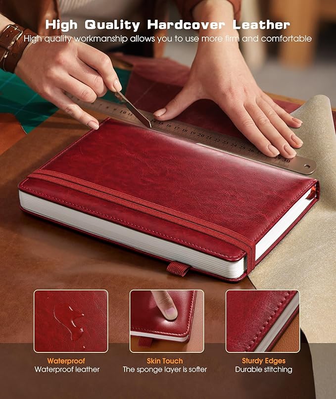 Lined Journal Notebook for Women Men, 256 Numbered Pages Hardcover Leather Journals for Writing, A5 Journaling Notebooks, College Ruled Journal for Business Work School 5.75" x 8.38" Wine Red