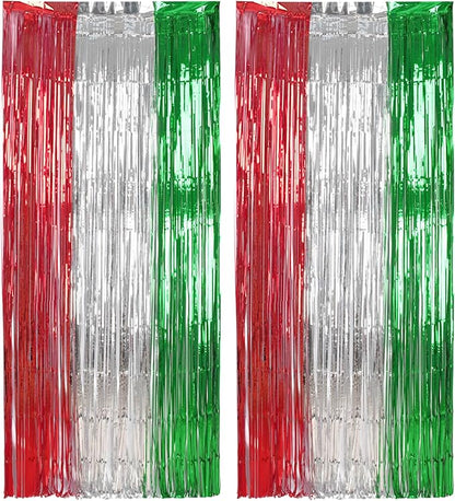 BRAVESHINE 2 Pack Fringe Backdrop Red Silver Green Christmas Party Decorations 3.2 x 6.6 ft Tinsel Foil Curtain Party Streamer Metallic Photo Backdrop for Christmas, New Year Decor