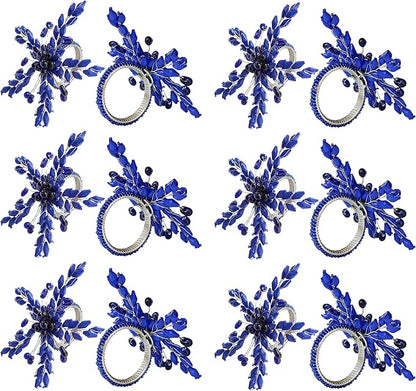Napkin Rings Set of 12 for Dining Table Decoration Parties Everyday Metal Napkin Holder Leaf Blue (Pack of 12)