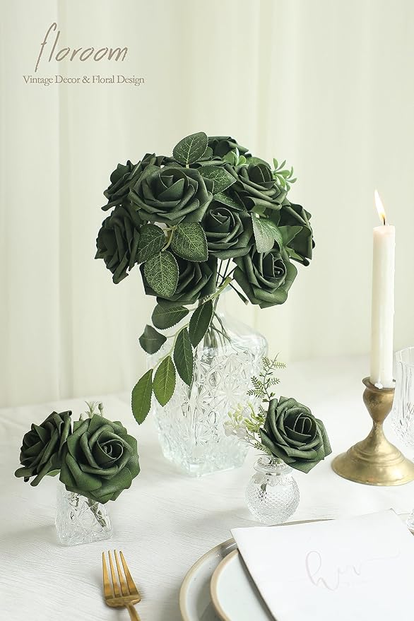 Floroom Artificial Flowers 50pcs Real Looking Emerald Green Foam Fake Roses with Stems for DIY Wedding Bouquets Bridal Shower Centerpieces Floral Arrangements Party Tables Home Decorations