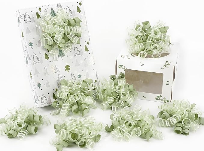 HUIHUANG Green Bows for Gift Wrapping Sage Green Gift Bows 5 inch x 8 Counts Self-Adhesive Curly Ribbon Bow for Presents, Paper Bag, Baby Shower Favors, Wrapping Accessories, Wedding Decor