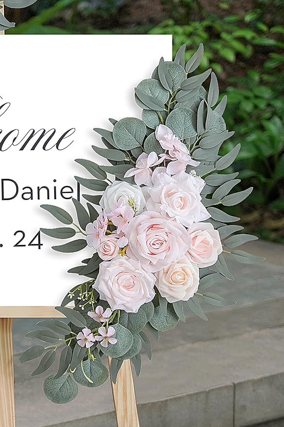 Pink Wedding Arch Flowers Set of 2 for Wedding Welcome Signs, Artificial Wedding Flowers for Wedding Ceremony Outside(Pink & Ivory)
