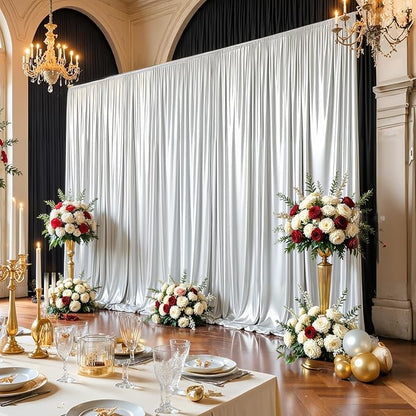 Silver Satin Backdrop Curtains 2 Panels - Glitter Photo Drapes for Baby Shower, 10x10FT Shimmer Back Drop Decor, Wrinkle Free for Birthday Party Prom Wedding Anniversary Background