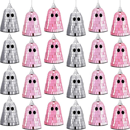 24 Pcs Halloween Disco Ghosts Decor Halloween Ornament Silver Mirror Disco Skeleton Tabletop Centerpiece for Holiday Cosplay Home Props Gift Party Decorations (Pink)