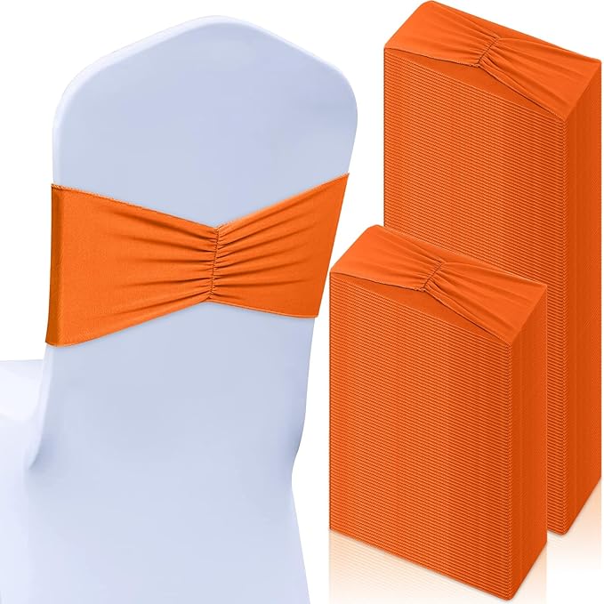Moukeren 100 Pcs Spandex Chair Sashes Bows Bands Slider Sashes for Chair Covers Elastic Bands Ties Ribbon Decorations for Wedding Party Events Ceremony Birthday Banquet(Orange)