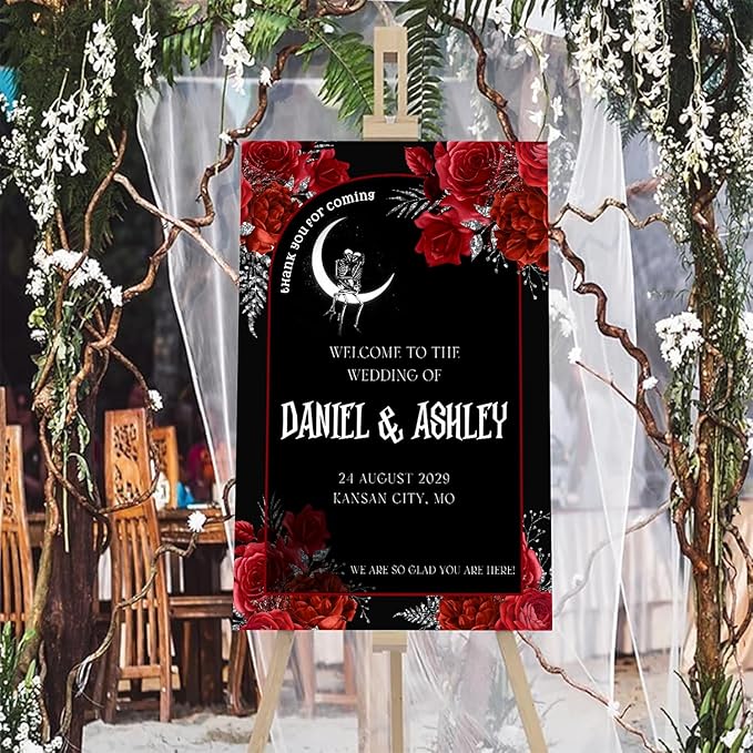 Gothic Halloween Welcome Sign, 4mm Thick Plastic, 12"x18", 28"x24", 18"x27", 24"x36", Black, Burgundy, Ground Stake, Wedding Sign