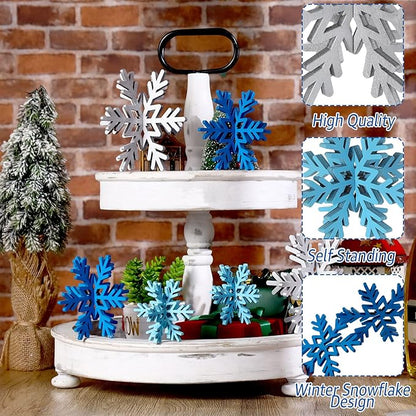 Bucherry 12 Pcs Wooden Snowflake Table Decor 3D Snowflake Tabletop Signs and Centerpiece for Christmas Xmas Winter Wonderland Decorations Home Party(Silver)