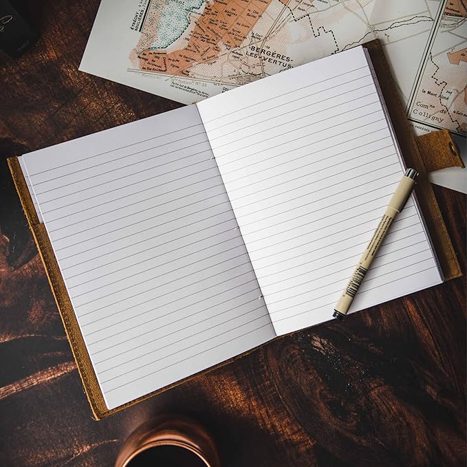 Refillable Leather Journal | Premium Lined A5 Notebook Cover | 200 Ruled Writing Pages | Card Holder Slot | Leather Bound Journals for Men & Women, Best Gift Travel Diary, Cool Planner