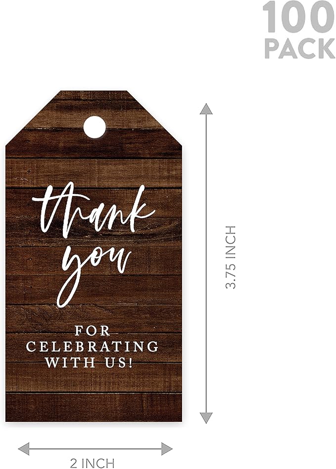 Andaz Press 100-Pack Thank You for Celebrating with Us Favor Tags Rustic Wood Cardstock Gift Tags with Bakers Twine for Wedding Baby Shower Bridal Shower Birthday Holiday Party Favors 2 x 3.75-Inches