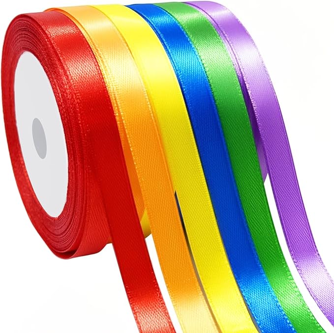 3/8" 6 Colors X 25 Yards Rainbow Satin Ribbon,150 Yards Assorted Colors Satin Ribbons for Flower Bouquet,Ribbons for Gift Wrapping Happy Birthday Party Decorations
