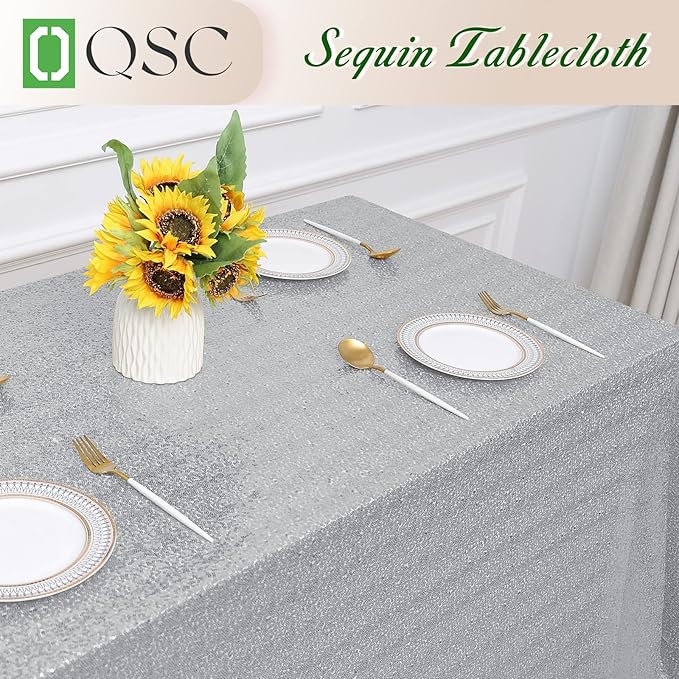 OQSQ Silver Sequin Tablecloth 50x80 inch, Sparkle Sequence Table Cover Glitter Drape Table Cloth Decorations Wedding Birthday Party