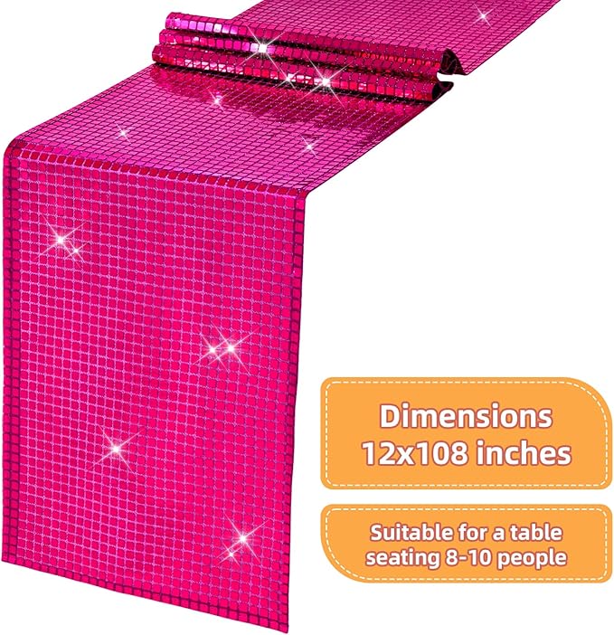 SquarePie Disco Table Runner Mirror Glitter Hot Pink Sequin Runner for 70s 80s Disco Dance Bachelorette Party Supplies Table Decorations (12x108 Inches ,2 Pack)