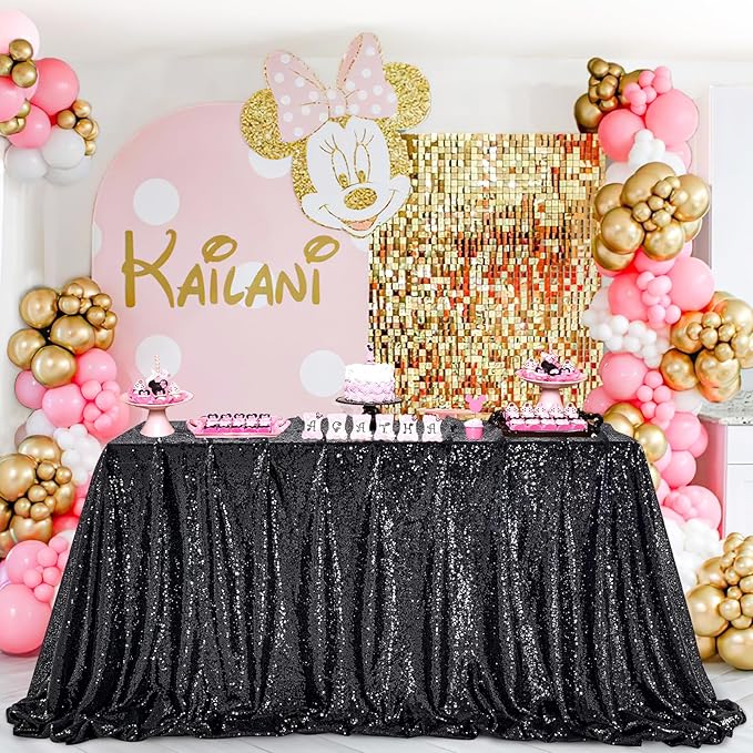 QueenDream Black Sequin Tablecloth 60" x 102" Black Table Cloth Rectangle Glitter Tablecloth for Wedding Birthday Party Ceremony Cake Dessert Table Decorations