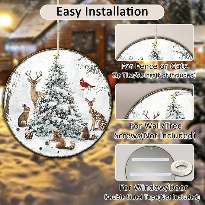 Round Christmas Snow Animals Metal Tin Sign - Vintage Christmas Tree & Winter Sign for Home & Outdoor Decorations - 8 * 8 in