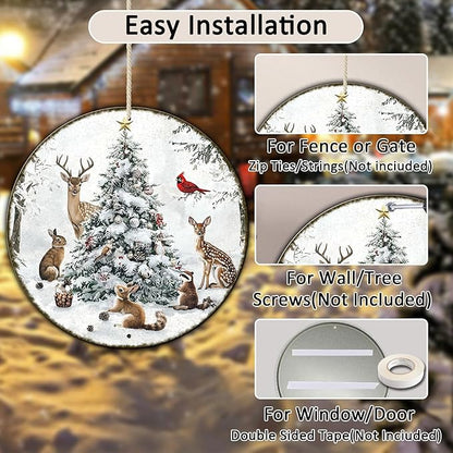 Round Christmas Snow Animals Metal Tin Sign - Vintage Christmas Tree & Winter Sign for Home & Outdoor Decorations - 8 * 8 in