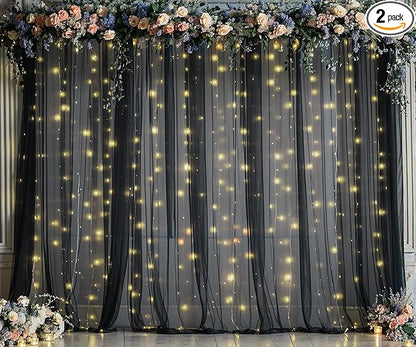 10ft x 10ft Black Tulle Photo Backdrop Curtain with Lights String for Parties Sheer Black Curtain Backdrop for Birthday Party Baby Shower Wedding Photo Booth Photography Background Decorations
