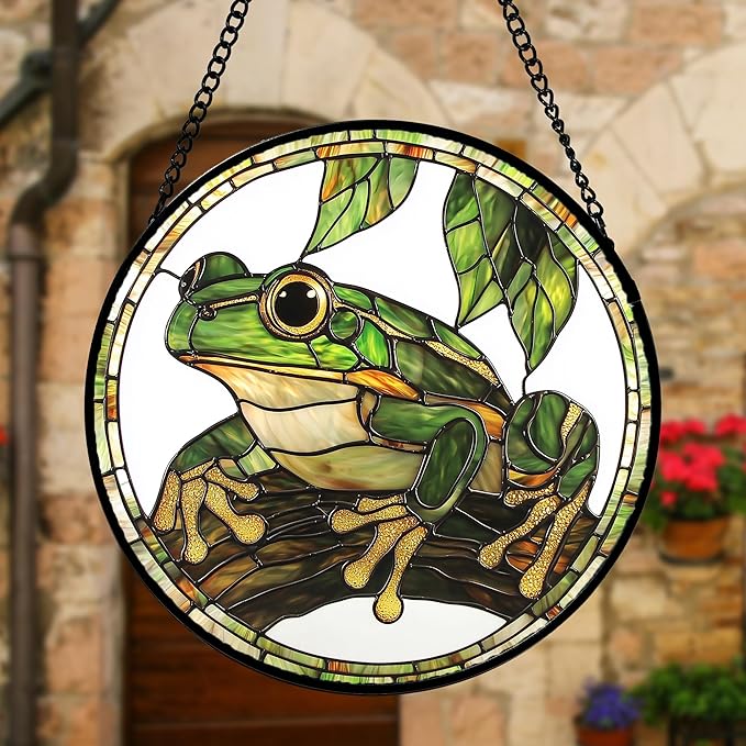 Stained Glass Window Hanging, Frog Green Leaf Sun Catchers Colorful Glass Panel Cool Suncatcher Decor for Birthday for Women, Men, Wife, Aunt, and Mom 9.8 in